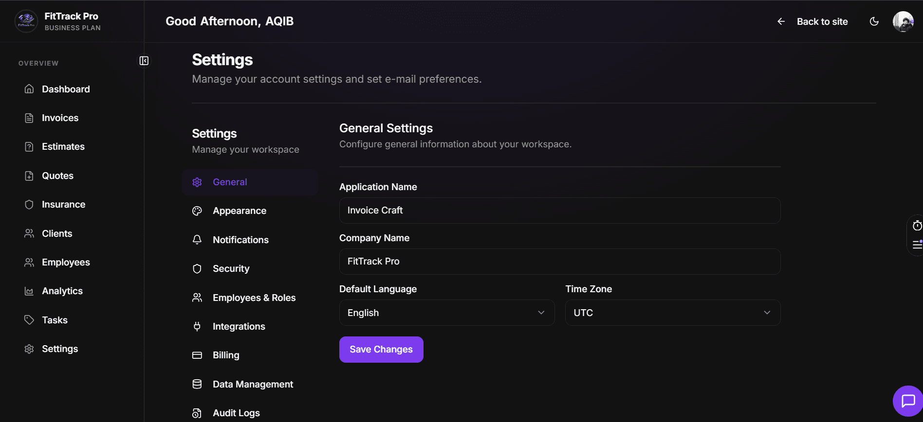InvoiceCraft SaaS Web App dashboard screen 4